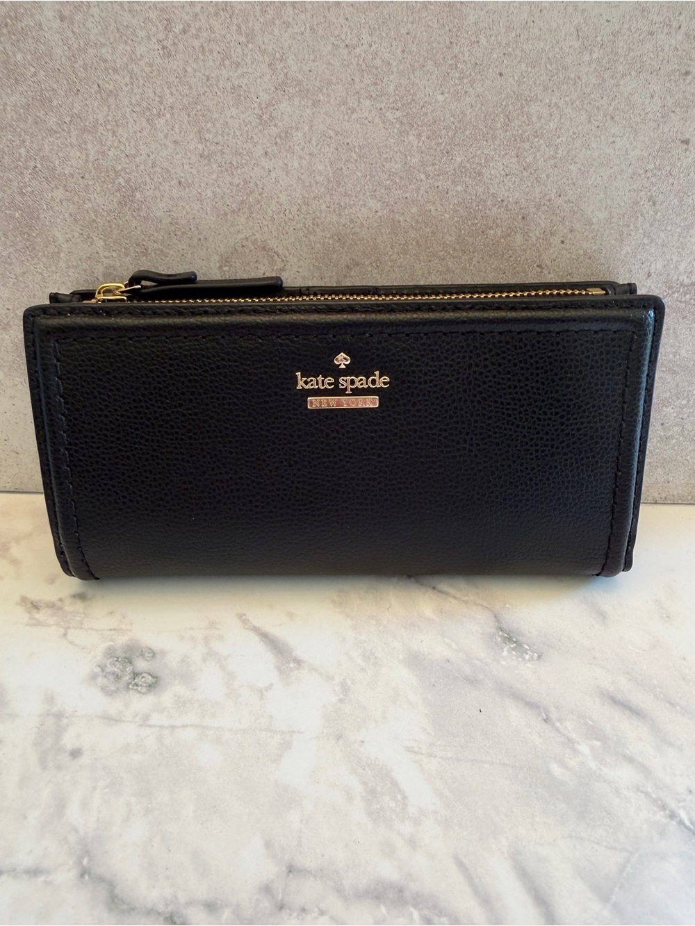 kate spade Black Pebbled Leather Wallet with Gold Logo
